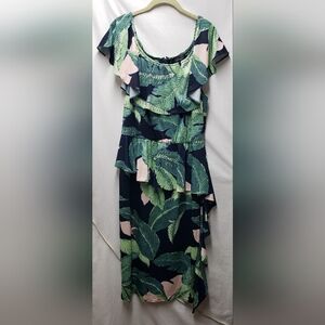 Leaf-Print High-Low Ruffle Dress - Navy & Green